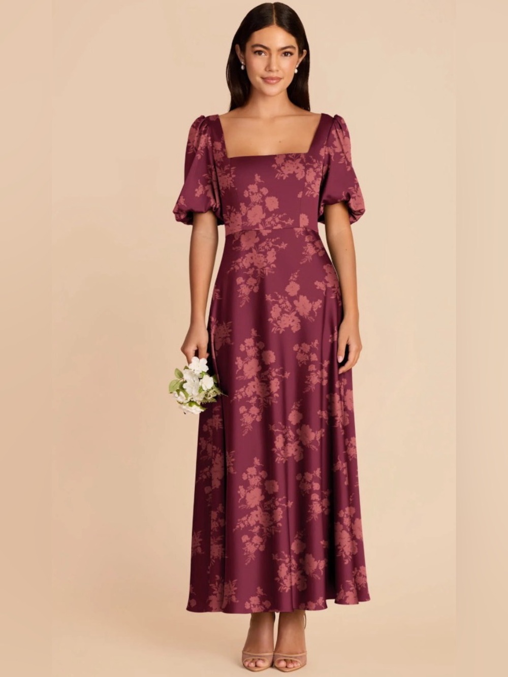 Birdy Gray Juliette Bridesmaids Dress Matte Satin Sangria Whimsical Blooms Sz L